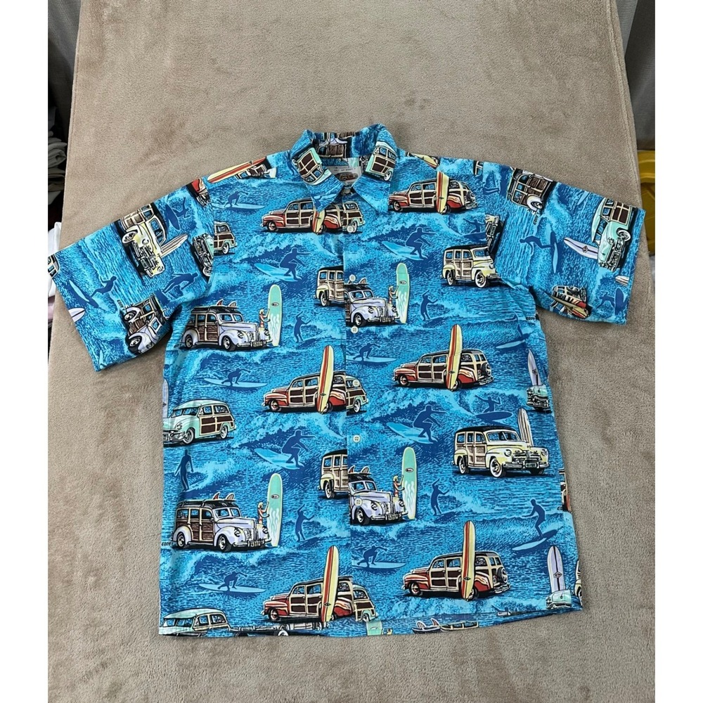 Reyn Spooner "Art of Eddy Y" Short Sleeve Mens Size M Blue Hawaiian Shirt EUC